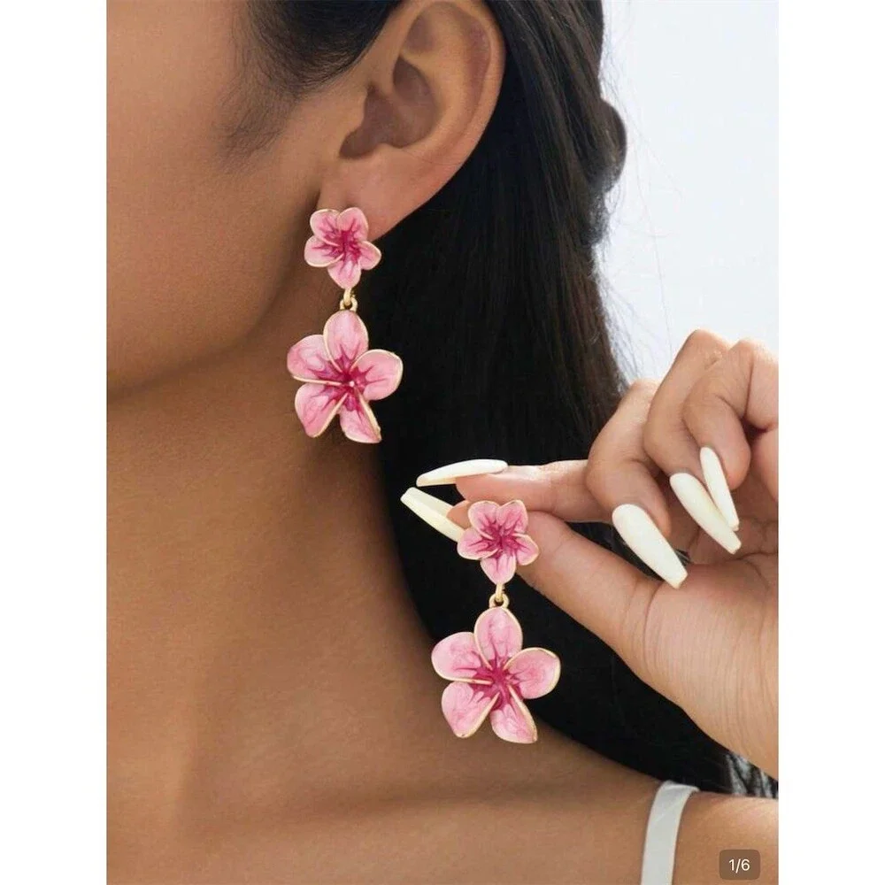 Pink Floral Double Flower Dangle Drop Statement 5.5cm